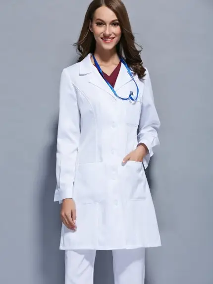 Beyaz Renk Uzun Kol Düğmeli Hemşire, Doktor ve Öğretmen Önlüğü